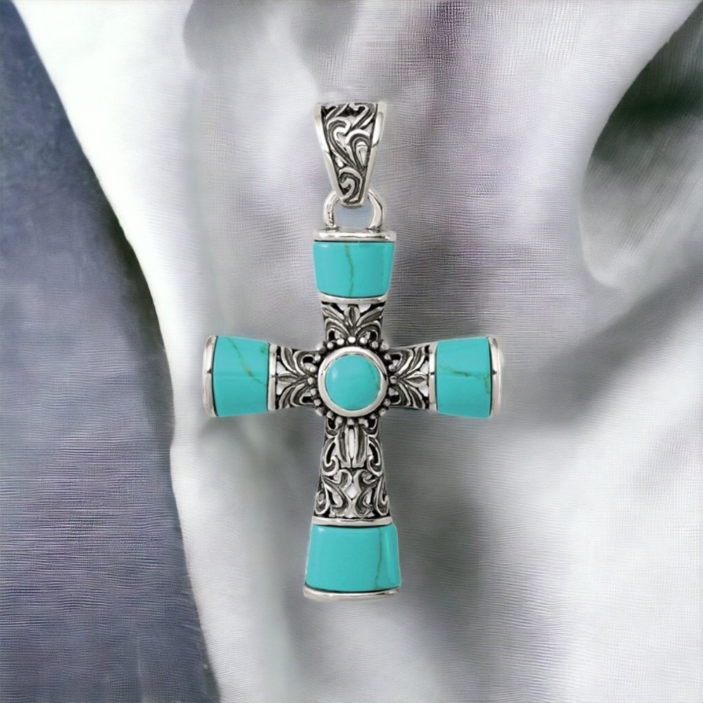 925 Sterling Silver Large Chunky Synthetic Turquoise Antiqued Cross Pendant